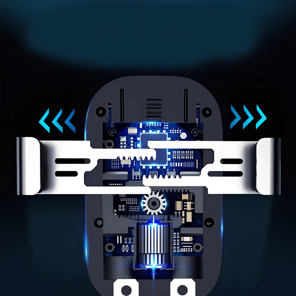 Black sucker car phone holder mounted on dashboard with phone clamped, showing suction base and USB cable, 12cm height