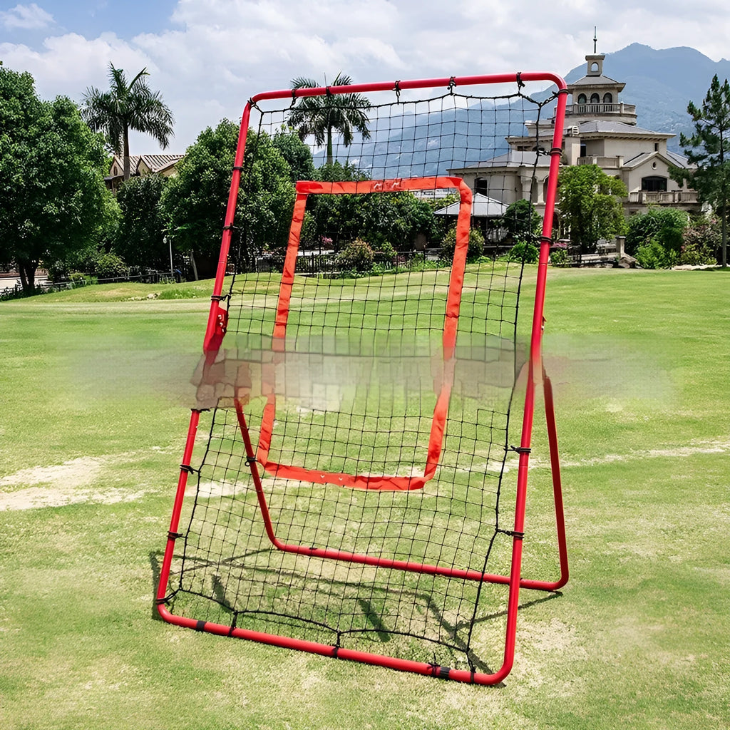 Red 4x6FT portable baseball training net with adjustable metal frame set up on grass.