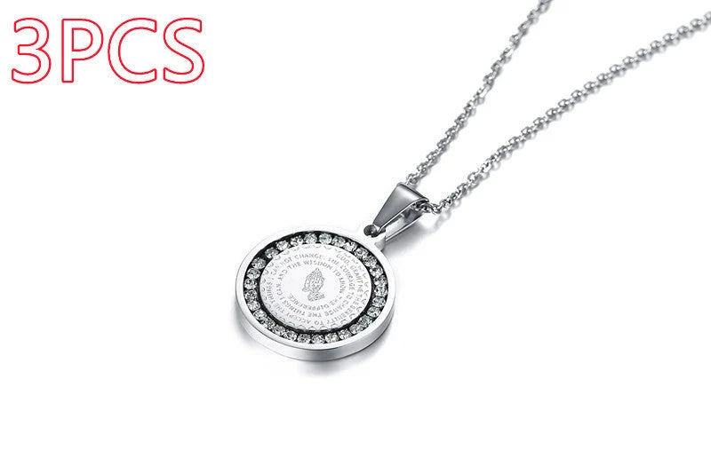 Stainless steel rhinestone prayer scripture pendant with adjustable chain in gold and silver