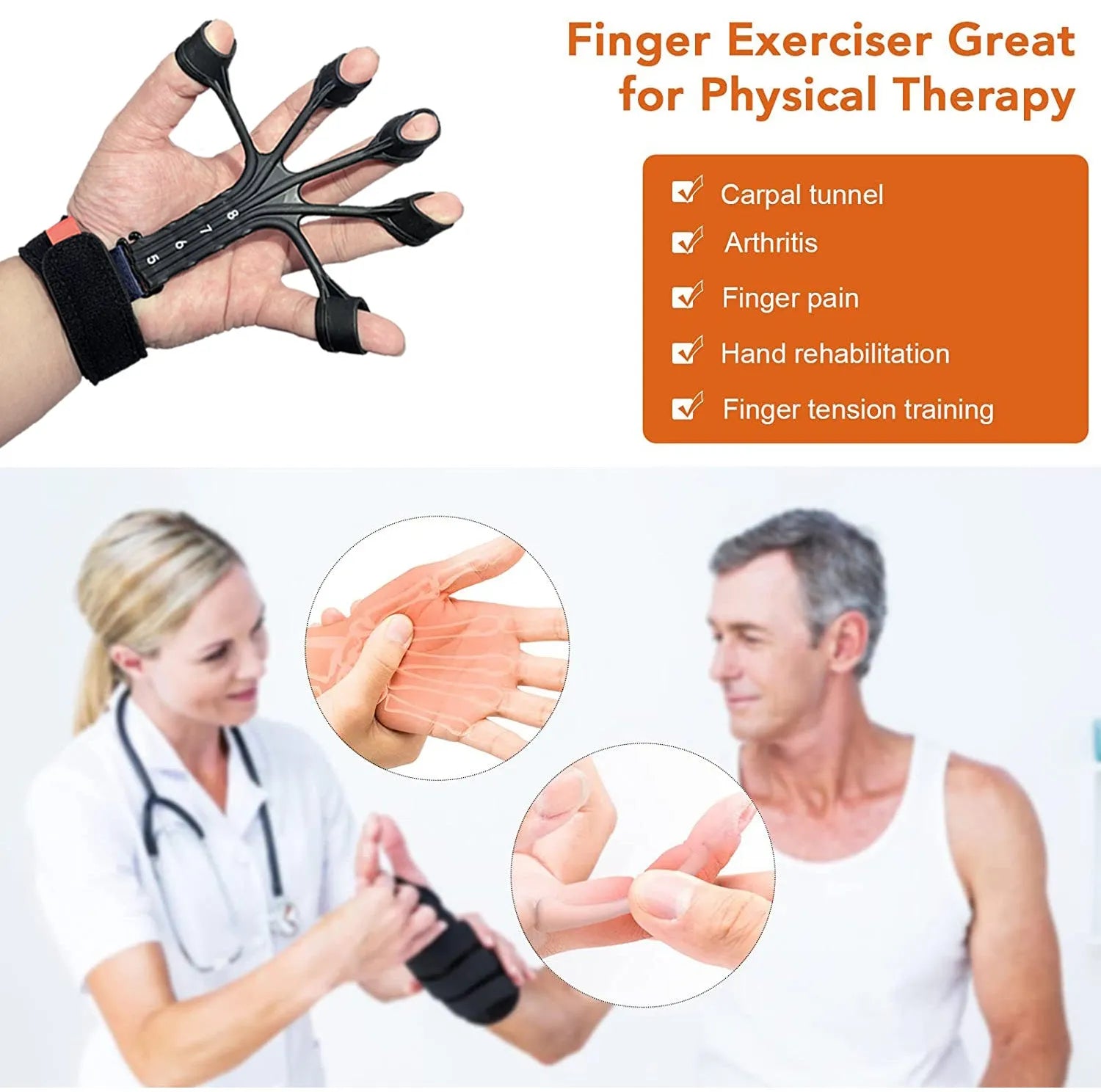 Black silicone finger flexion extension trainer with adjusting belt for hand rehabilitation