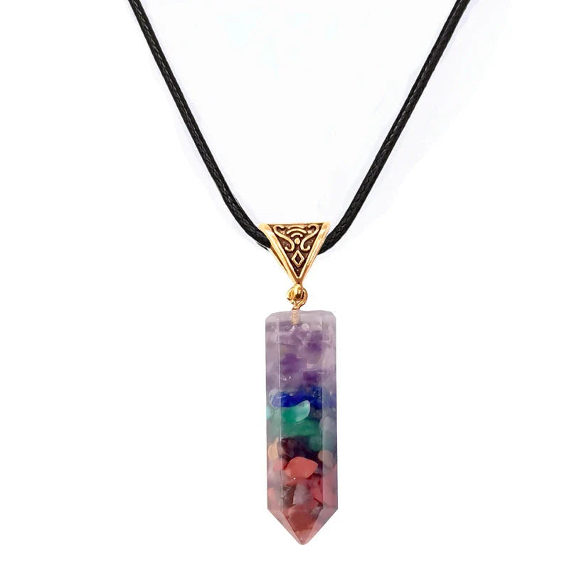 Seven chakra natural crushed stone hexagon column necklace with aura pendant in gold color