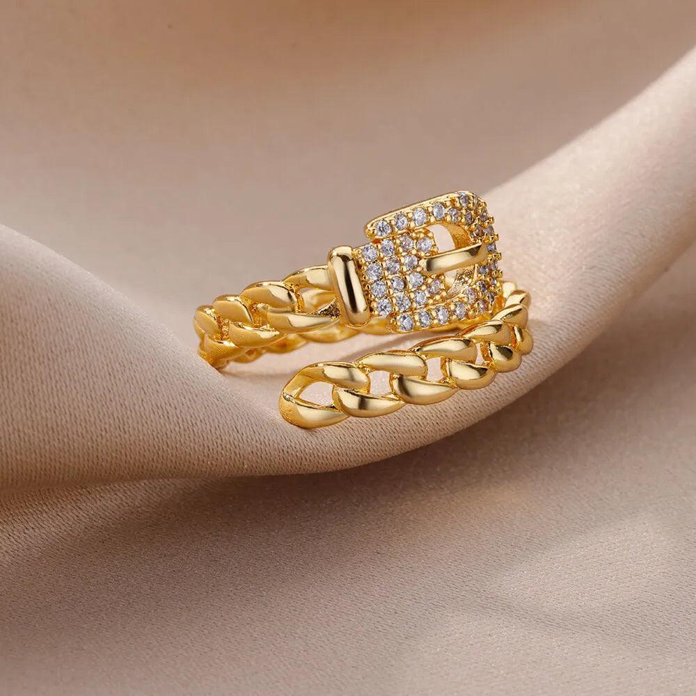 Copper belt open ring with micro-set zirconia stones, gold electroplated finish