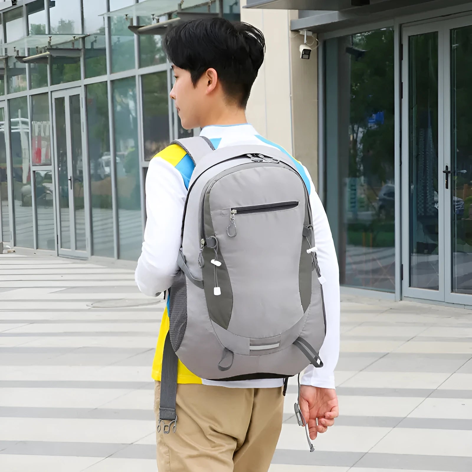 Nylon waterproof light travel backpack with air cushion belt, 32x17x52cm, unisex, solid colour, grey