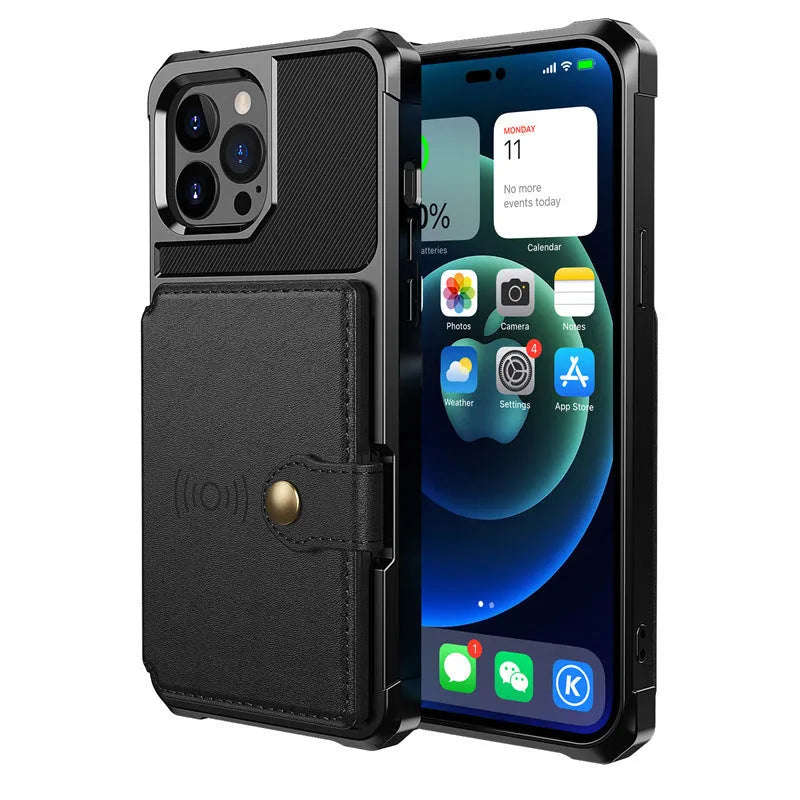 Car magnetic card cover phone case drop-resistant TPU back cover for iPhone 15 Pro black