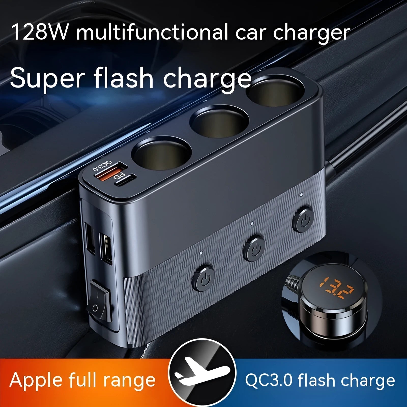 C28 black vehicle cigarette lighter charger with USB 3.0, QC 3.0 and PD ports on 1 metre cable