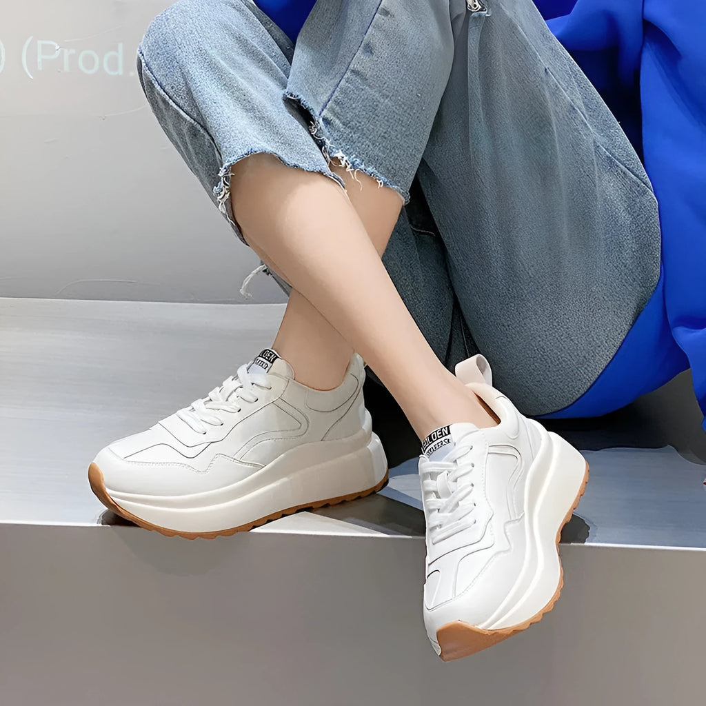 Women's beige casual sports shoes with cattlehide leather upper, cross-strap design and mesh lining