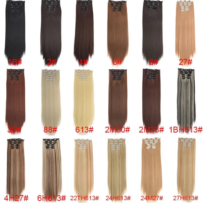Long straight hair wig extensions 6-piece set 60cm high temperature fibre non-hot dye