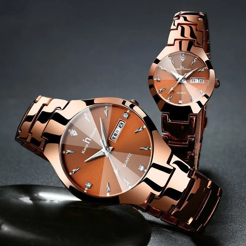 Luminous quartz couple watch with calendar, 38mm round dial, alloy case, mineral glass, and IP plating strap