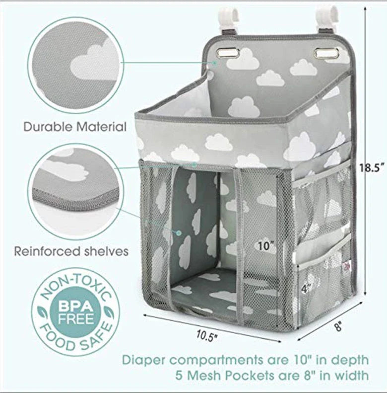 Versatile baby crib organiser bag with polyester construction, sturdy partition walls, and multiple hanging options for Kiwi parents