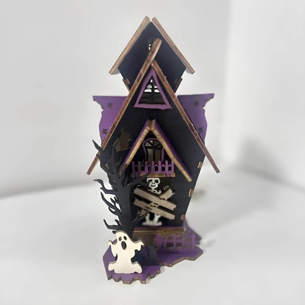 DIY wooden haunted house Halloween table decoration with candlestick function