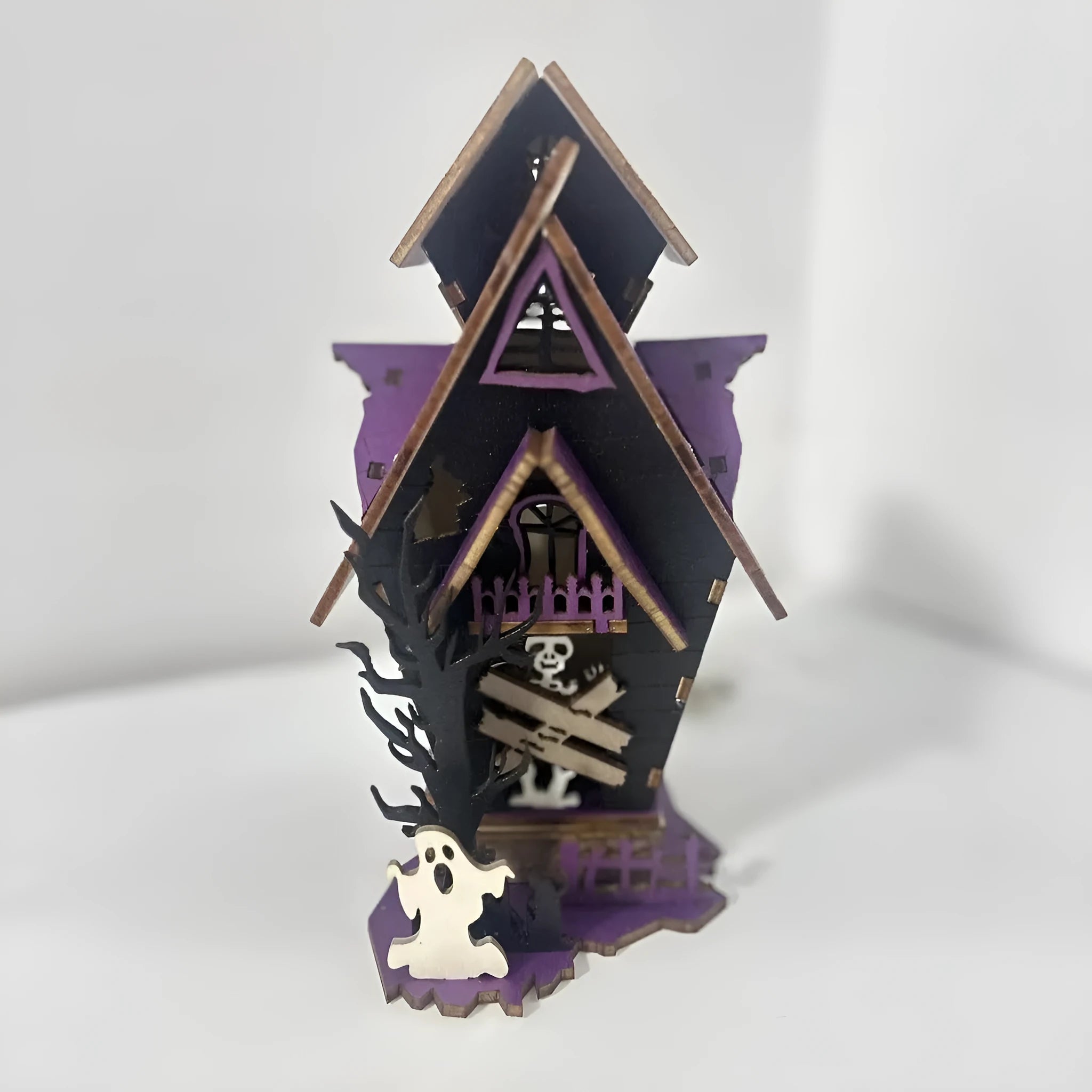 DIY wooden haunted house Halloween table decoration with candlestick function