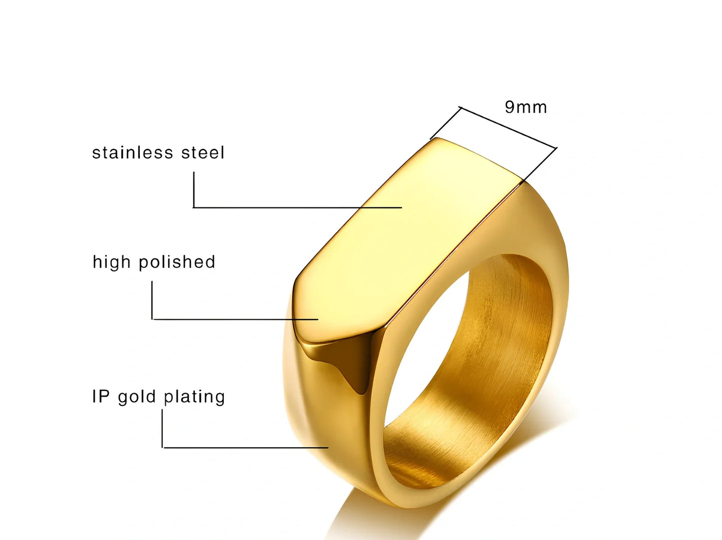 Men's black square punk ring in stainless steel, 9mm width, IP plated for durability, size US 10 shown