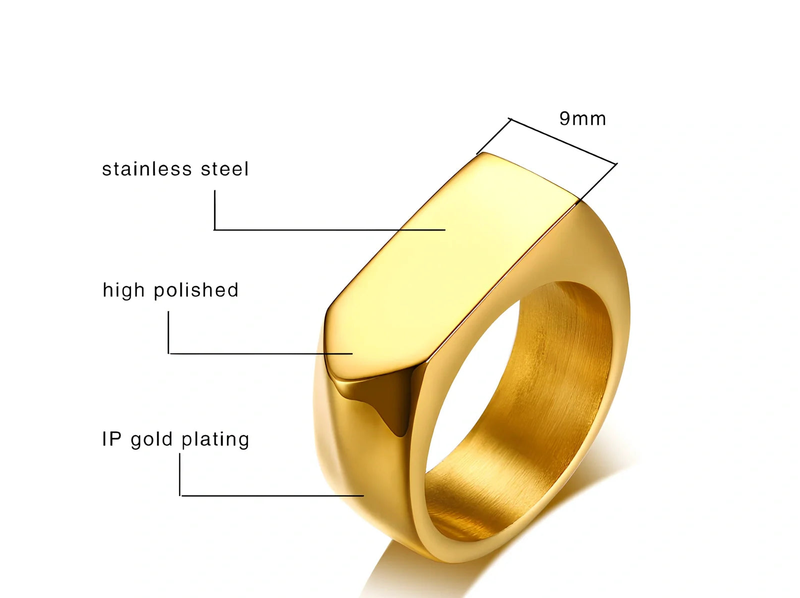 Men's black square punk ring in stainless steel, 9mm width, IP plated for durability, size US 10 shown