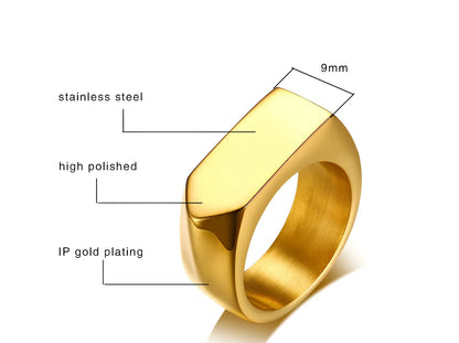 Men's black square punk ring in stainless steel, 9mm width, IP plated for durability, size US 10 shown