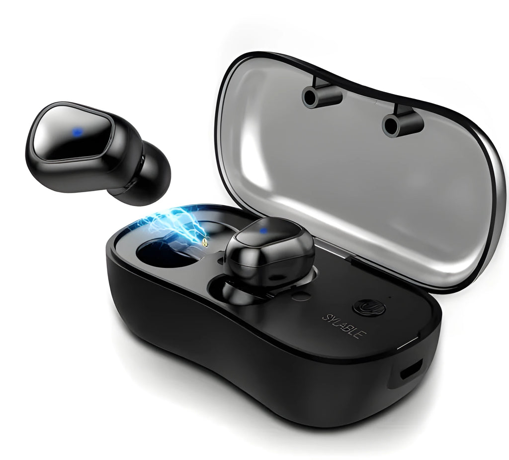 Black TWS wireless sports earbuds displayed next to their compact mini charging case.