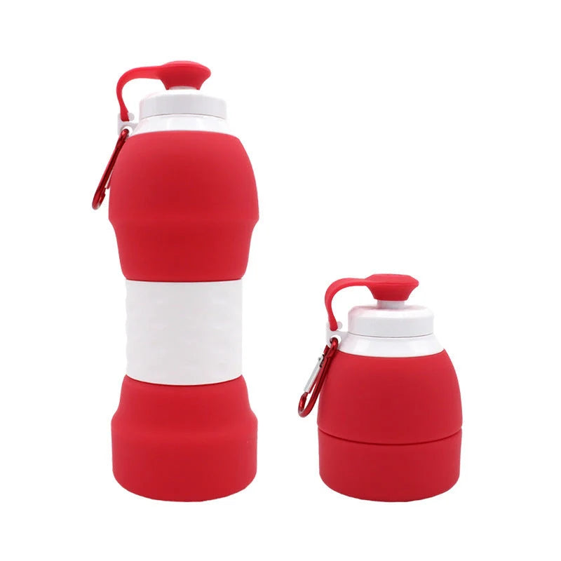 Collapsible silicone water bottle in various colours, showing folded and unfolded states
