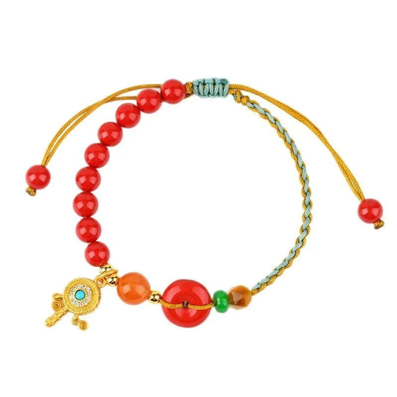 Emperor red sand cinnabar peace buckle bracelet with hand-woven geometric design