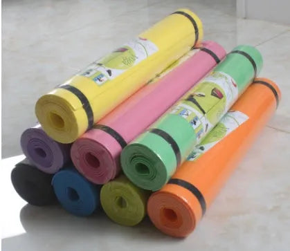EVA yoga mat in blue showing 6mm thickness and textured anti-skid surface.