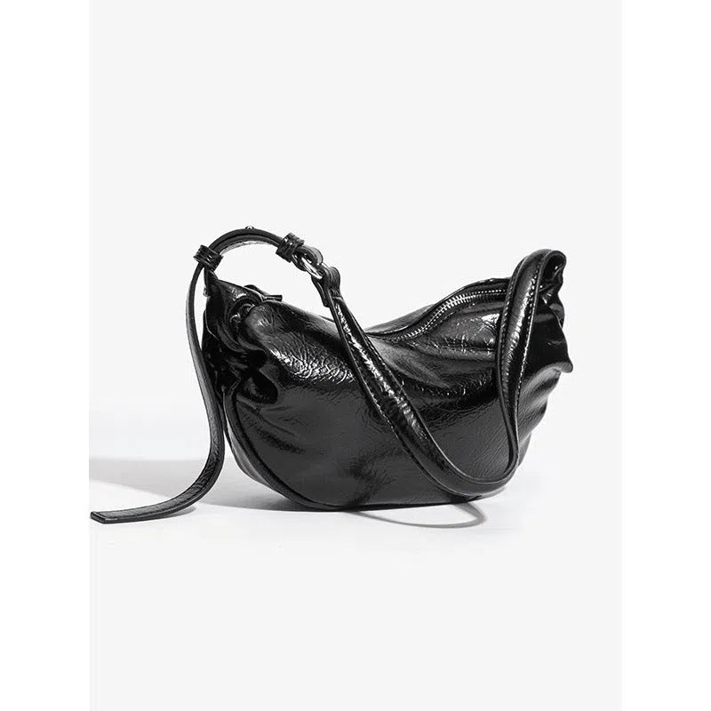 Black pleated shoulder bag with three-dimensional pocket in dumpling shape PU leather