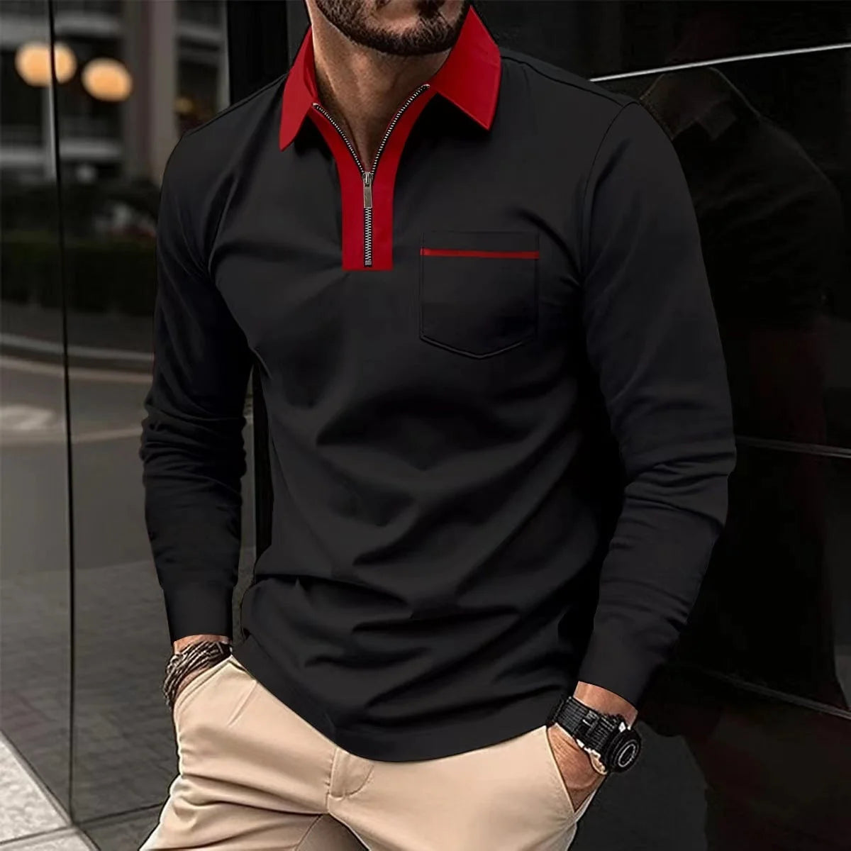 2024 Autumn Men's Long Sleeve Zipper Polo Shirts in various colors