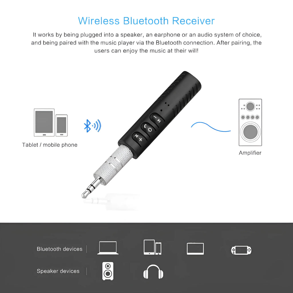 Black Bluetooth car audio receiver with 3.5mm adapter for wireless music streaming in vehicles