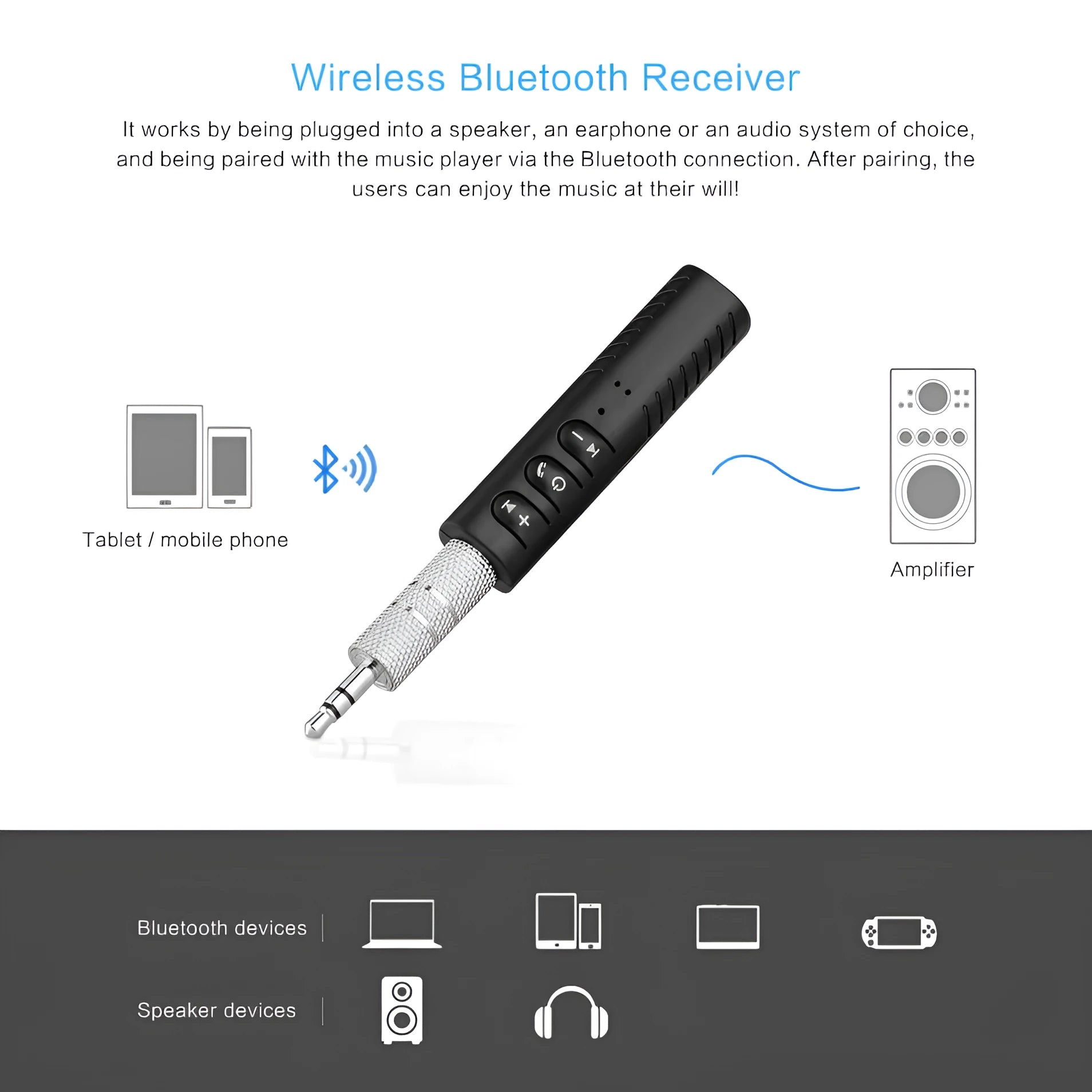 Black Bluetooth car audio receiver with 3.5mm adapter for wireless music streaming in vehicles