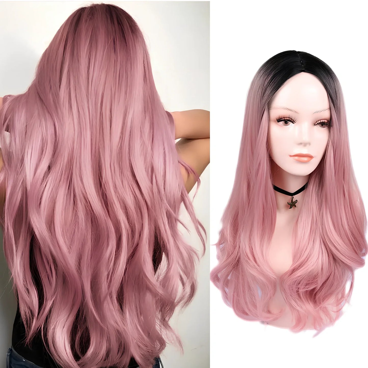 Women long curly blonde ombre wig with black roots, 61cm length, synthetic heat-resistant fibre for cosplay