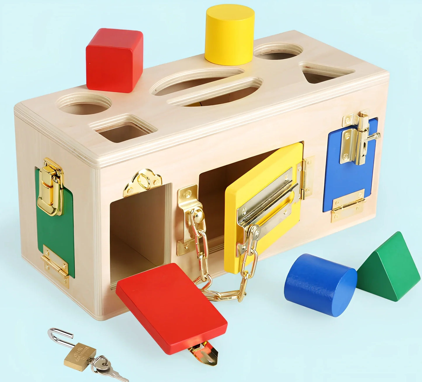 Wooden educational shape sorting box with 12 geometric pieces for preschool children