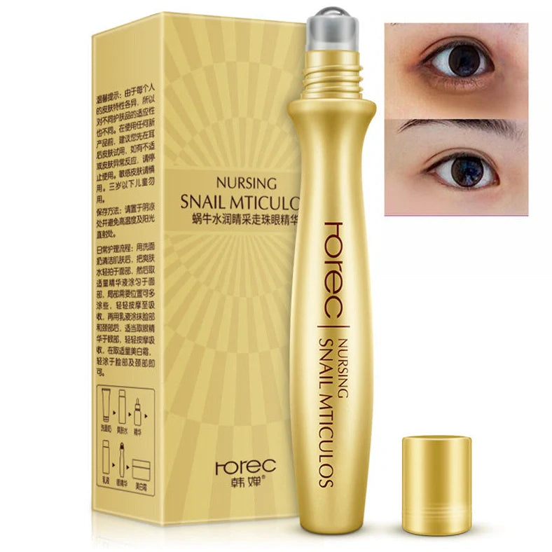 Snail extract eye cream with 15ml roller ball applicator that hydrates eye area using snail secretion filtrate for moist skin texture and gentle massage
