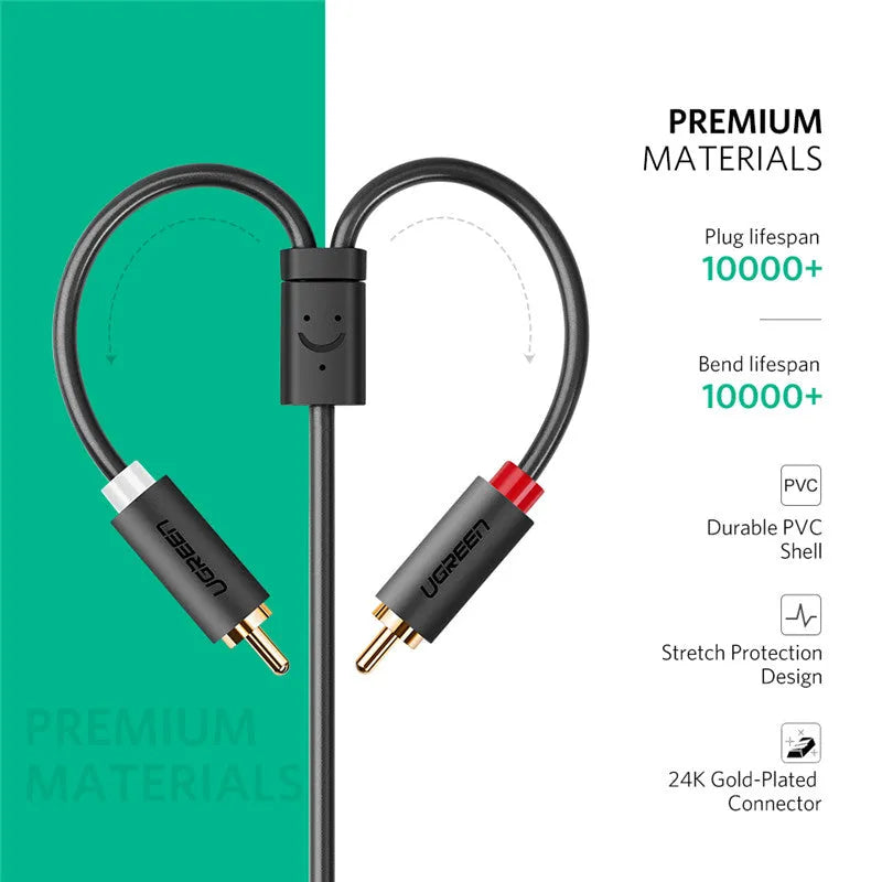 25cm 3.5mm female to 2 RCA male audio cable with gold-plated plugs and PVC jacket