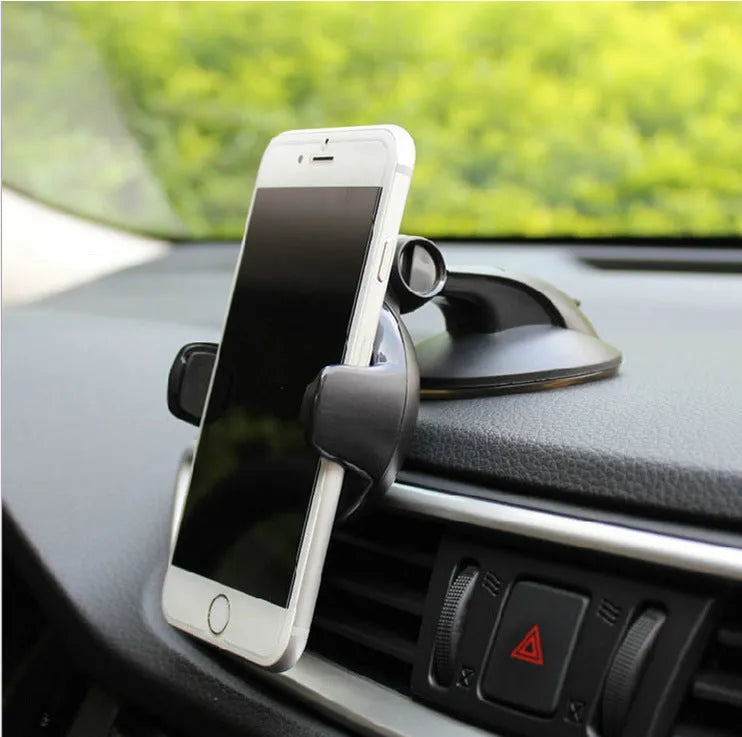 Universal suction cup car phone holder with adjustable clamp for smartphones 5cm-8cm wide, available in black and blue