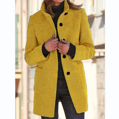 Stylish wool coat with stand collar and pockets, available in various colors for casual fall and winter wear.