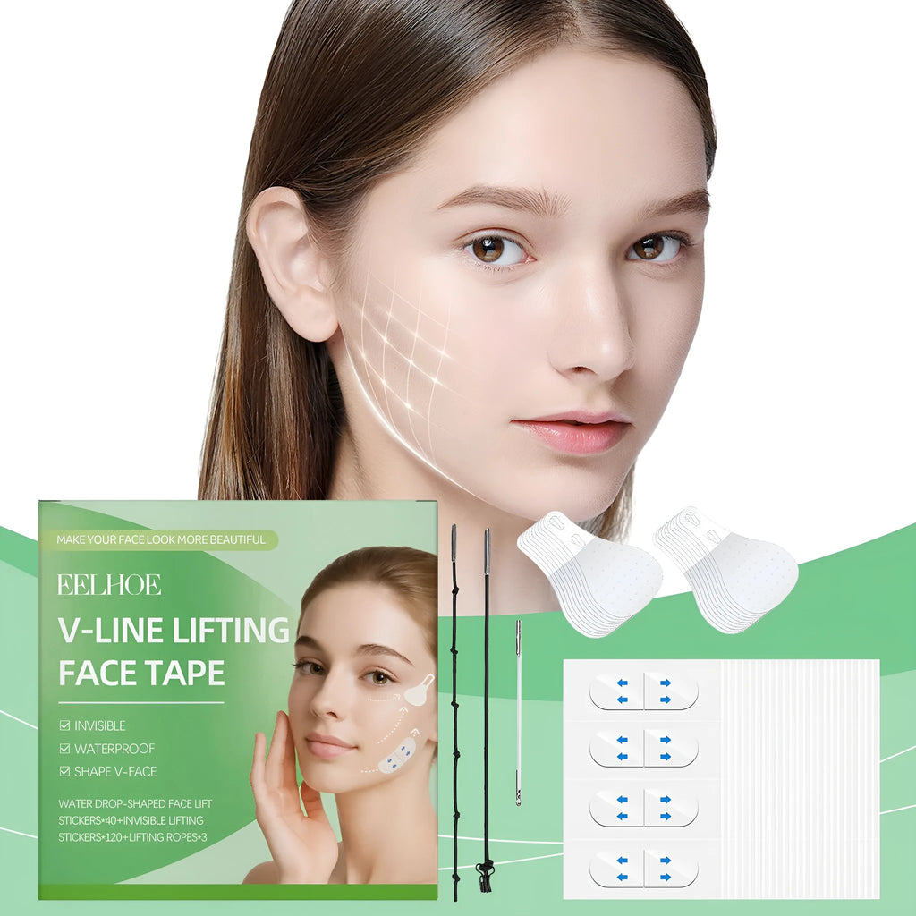 Invisible face lift tape patch kit showing adhesive stickers and elastic lifting ropes on white background