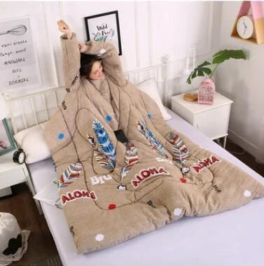 Cozy fleece-lined blanket with sleeves in various colors and designs, providing warmth and comfort for cold weather use.