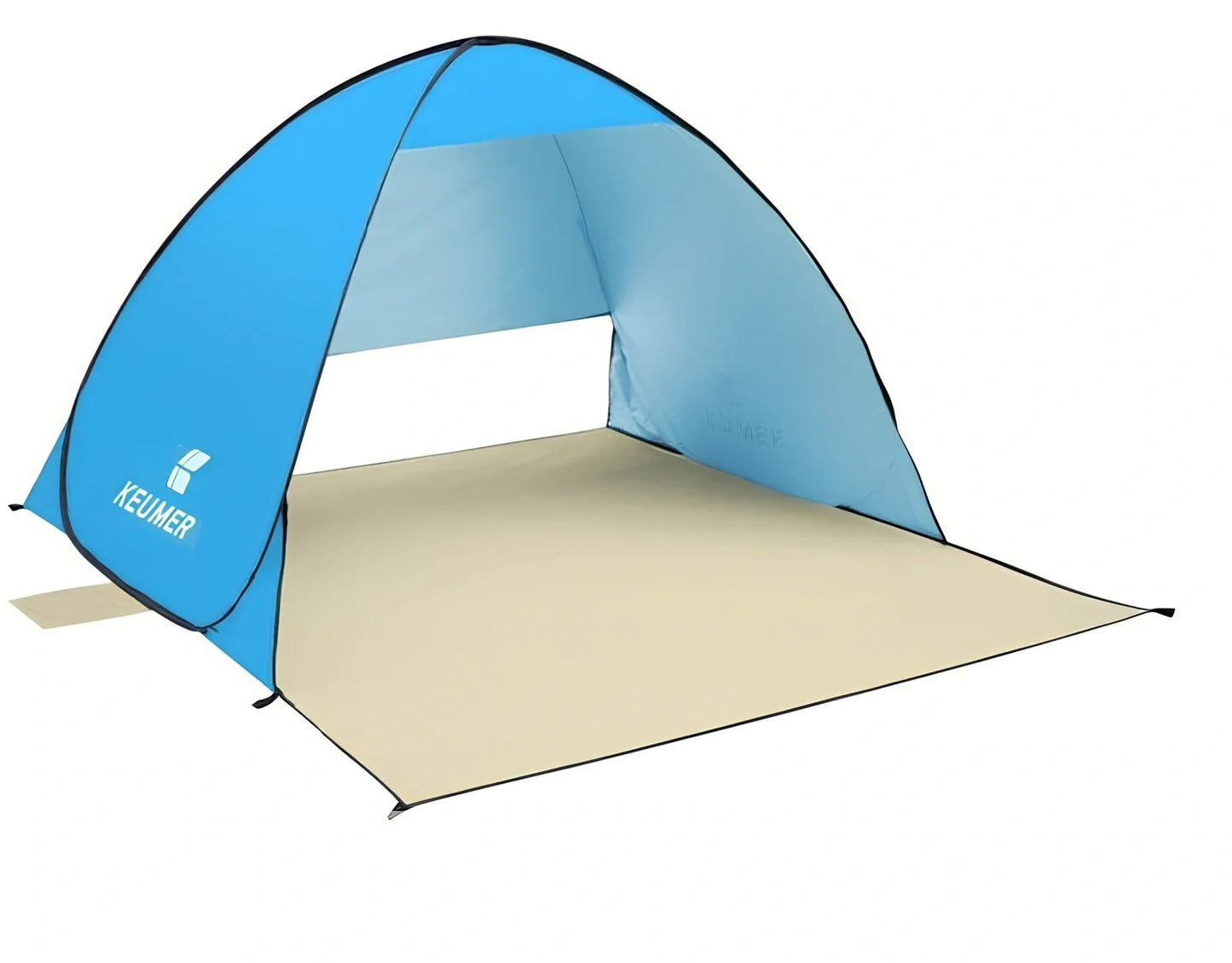 Blue automatic pop-up beach tent with silver-coated UV fabric and stakes for two-person shade