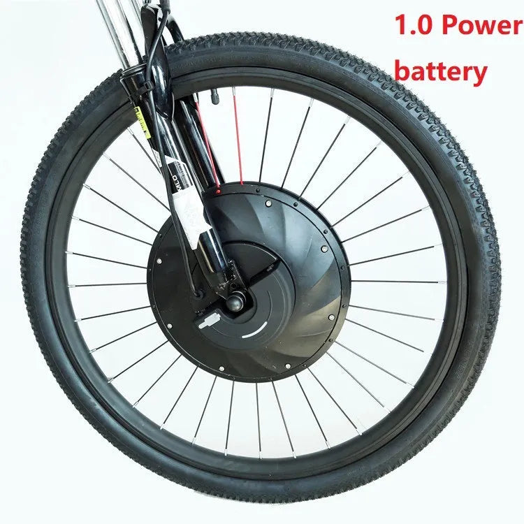 Yunzhilun bicycle electric conversion kit showing alloy hub motor wheel, lithium battery pack, and charger for 26-inch bikes.
