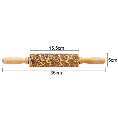 Wooden Christmas embossing rolling pin with non-stick surface for festive baking