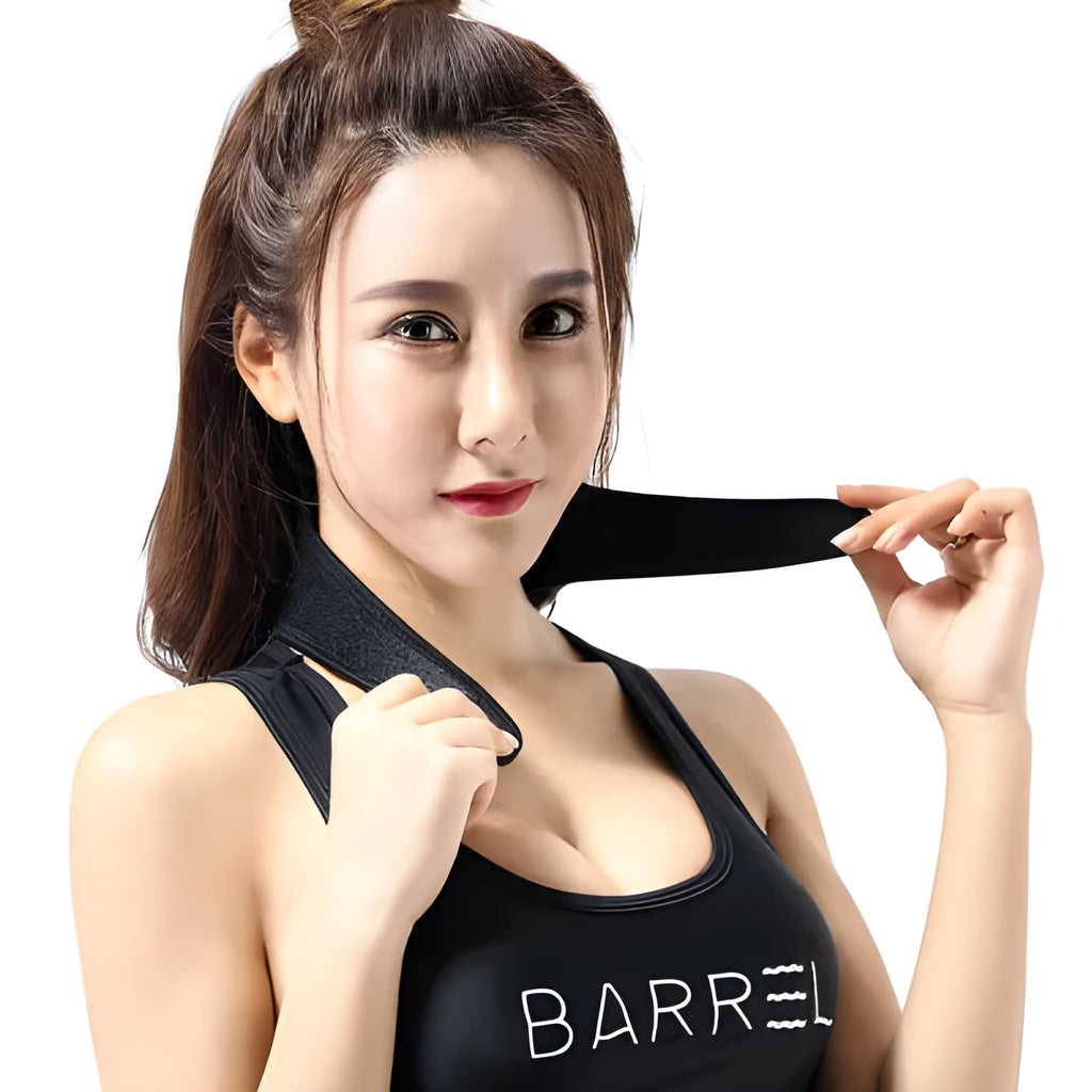 Black self-heating magnetic neck guard with adjustable shoulder strap shown laid flat.