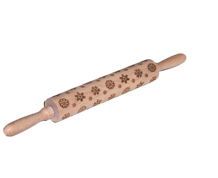 Wooden Christmas embossing rolling pin with non-stick surface for festive baking