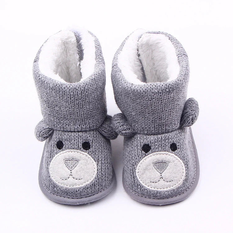Bear knitting baby shoes in coffee and grey, sizes 11-13cm