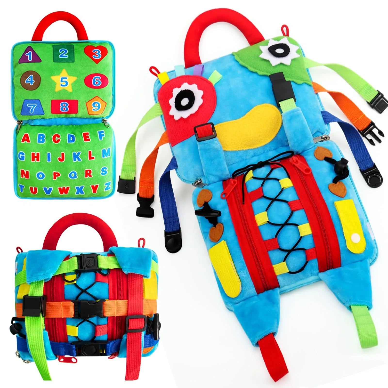 Blue owl plush toy with colour-matching release buckles for toddler early education