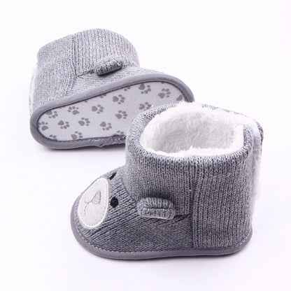 Bear knitting baby shoes in coffee and grey, sizes 11-13cm