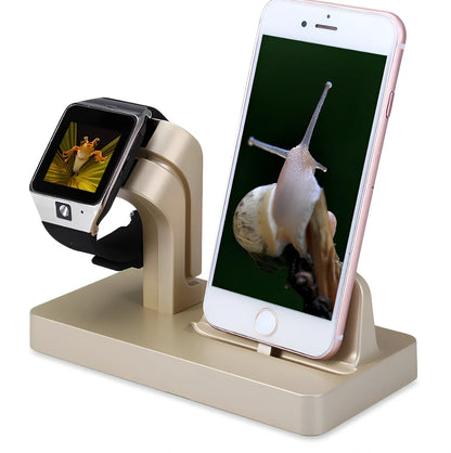 White 2-in-1 charging dock holding iPhone and Apple Watch, 150x78x106mm ABS stand with non-slip pads