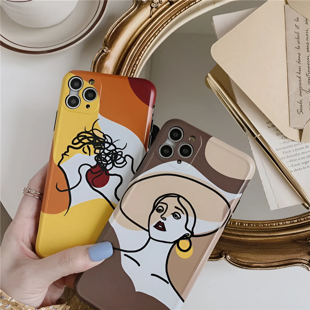 Orange yellow soft silicone iPhone case with a hand-drawn cartoon line painting design.
