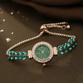 Fashion women's round quartz watch with green leaf dial, fine band, diamond accents, 10mm thickness, available in six colours