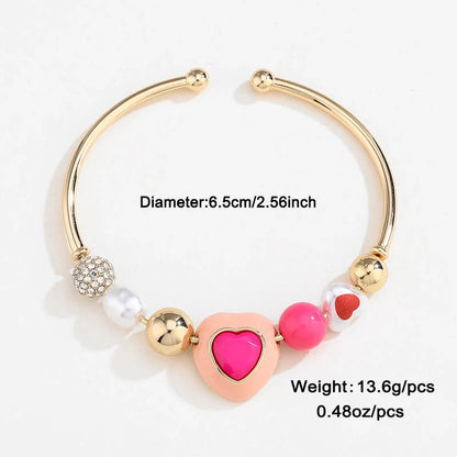 Heart peach pearl combination bracelet and necklace set with adjustable O-shaped chain