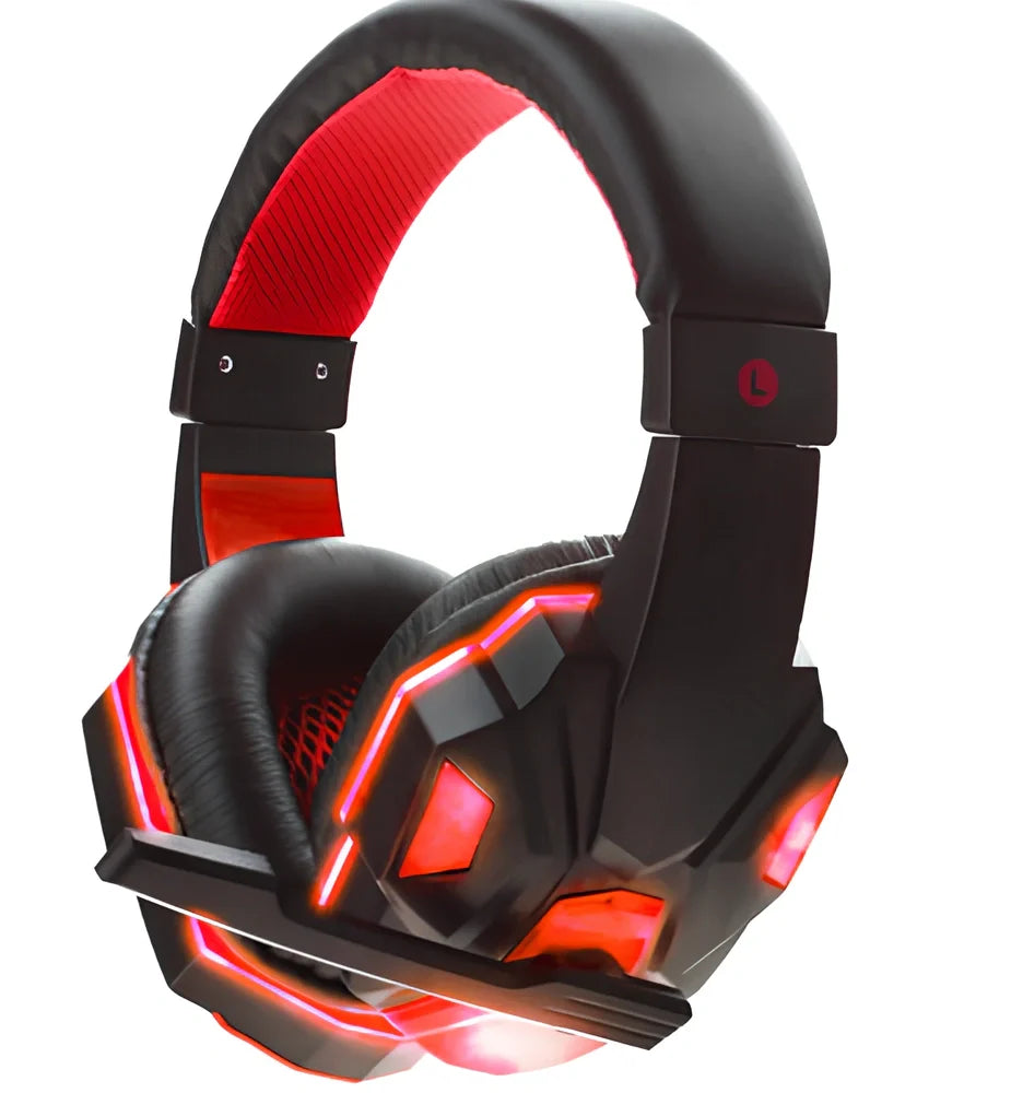 Black gaming headphones with adjustable microphone and braided cable showing 3.5mm plug