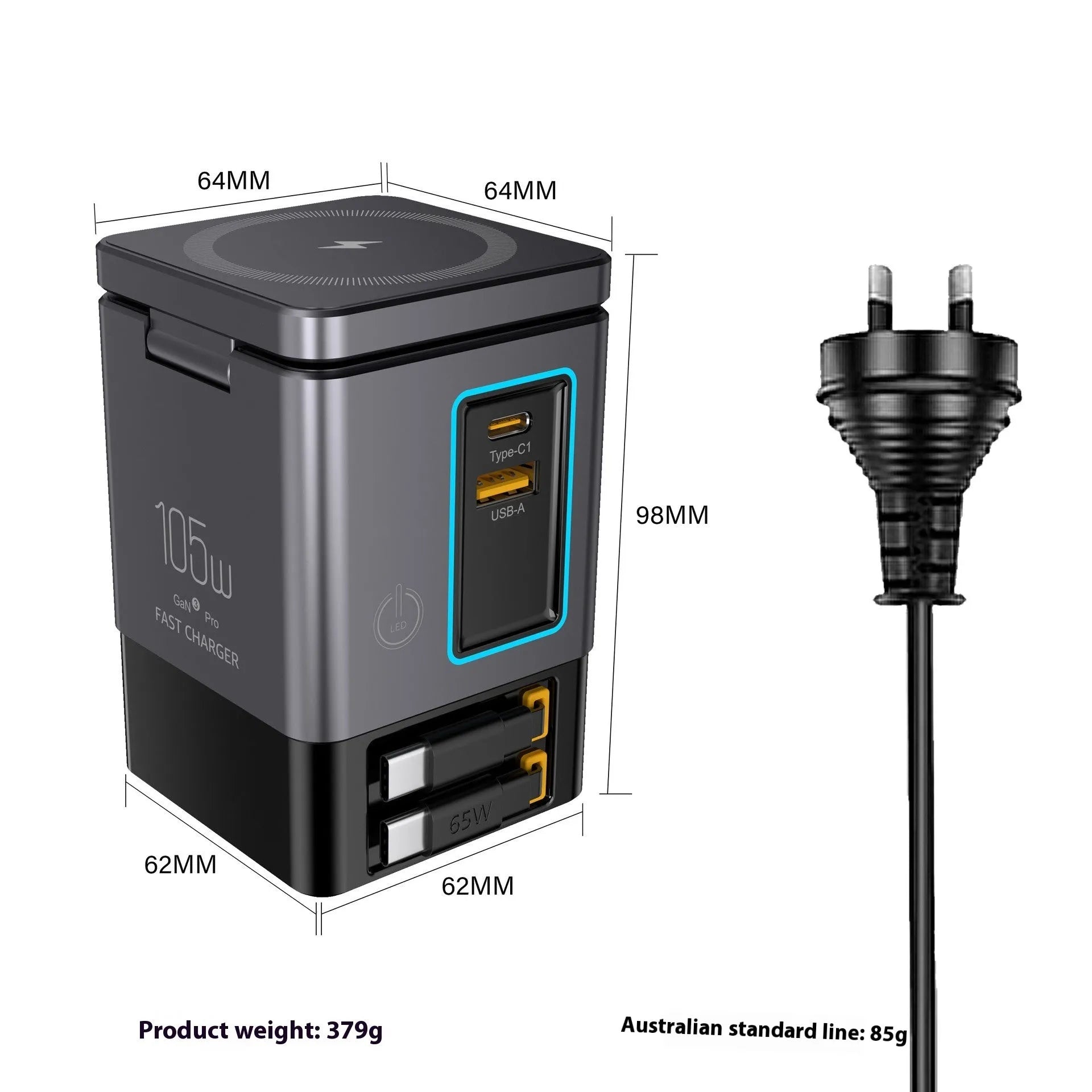 105W Multifunctional Magnetic Wireless Gallium Nitride Charger in black plastic with UK plug