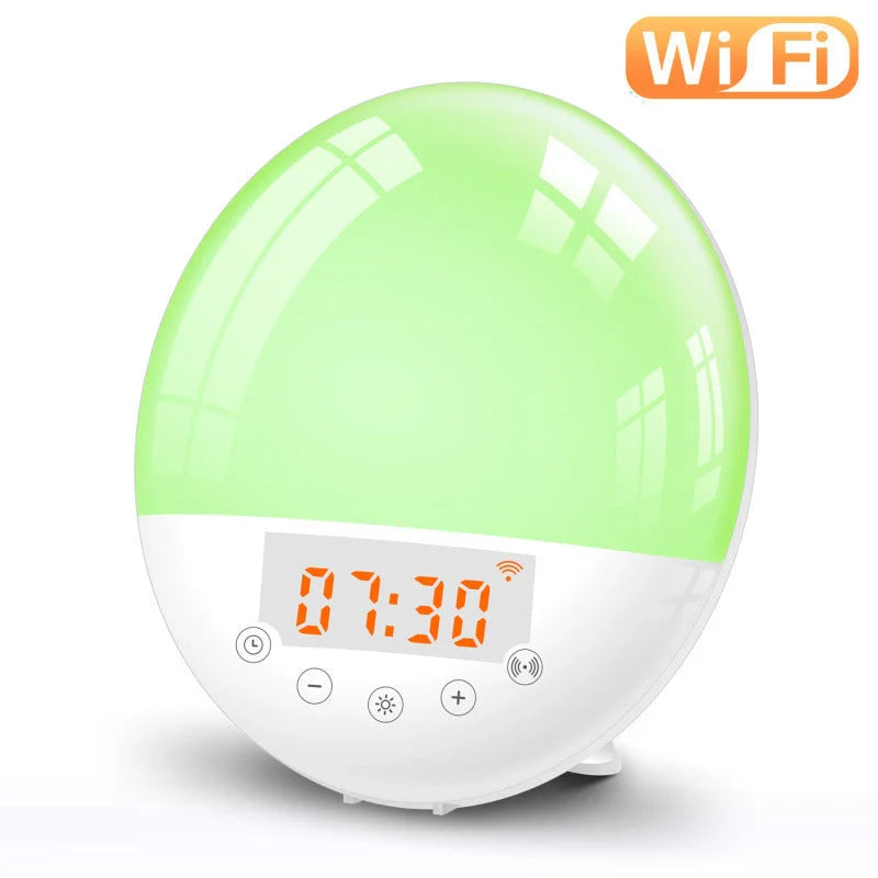 WiFi Voice Control Intelligent Alarm Clock with Sunrise Wake-up Light on bedside table