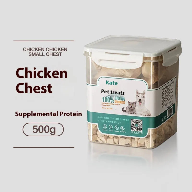 500g bag or barrel of freeze-dried chicken nugget cat treats on a plain background